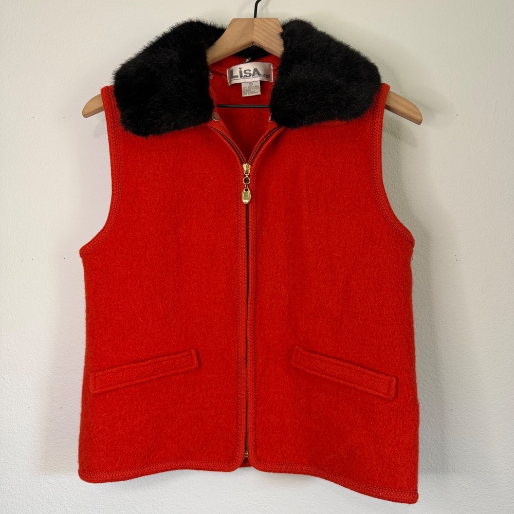 Vintage - Wool Full Zip Vest Faux Fur Removable Collar Size M